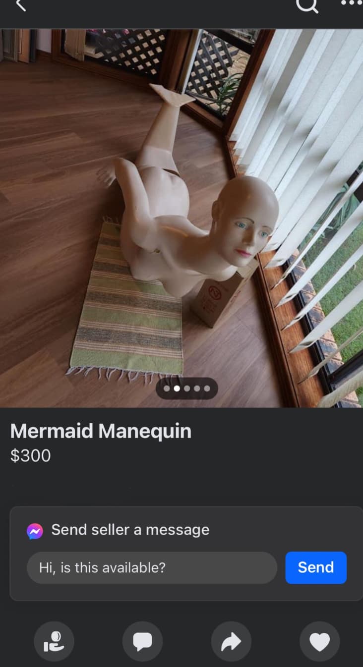 screenshot - Mermaid Manequin $300 Send seller a message Hi, is this available? Send